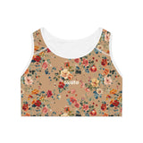 Petal Flower Sports Bra in Caramel, front view highlighting warm tone and flattering neckline.