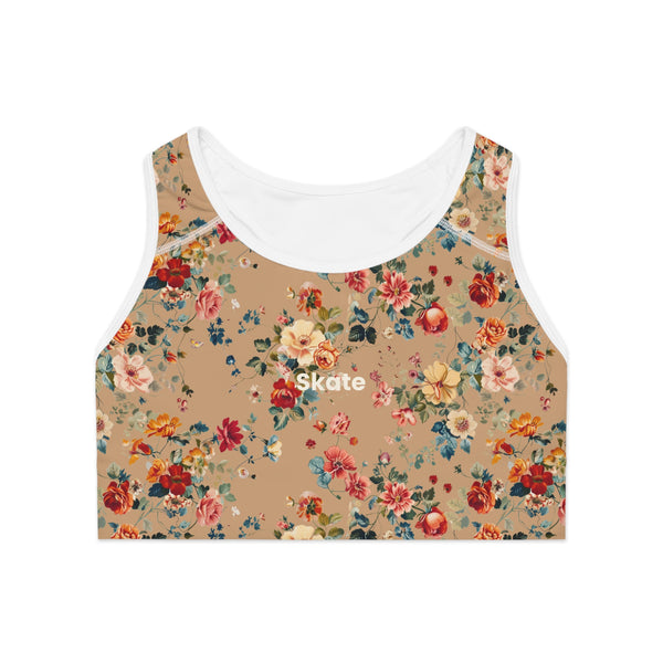 Petal Flower Sports Bra in Caramel, front view highlighting warm tone and flattering neckline.