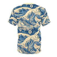 Back view of Great Wave Off Kanagawa Design Unisex T-Shirt with Roller Skates abstractly dive in.