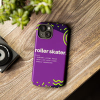 Laid Flat iPhone 13 Mini Purple Tough Protective Phone Case with Roller Skater definition design style