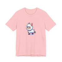 Front View of Cute Llama wearing skates design Pink T-shirt