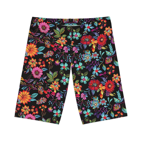 Lay flat front view Petal Flower Bike Shorts in Noir, highlighting classic black style and smooth floral design.