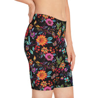 Side profile of the Floral Pattern Noir bike shorts on a single model, revealing clean stitching and snug shape.