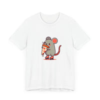 Front View of Pizza Rat on Skate Design T-Shirt on color White.