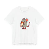 Front View of Pizza Rat on Skate Design T-Shirt on color White.