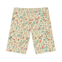 Flat lay of Petal Flower Bike Shorts with Blossom Cream Color Design, highlighting the floral print and soft cream base.