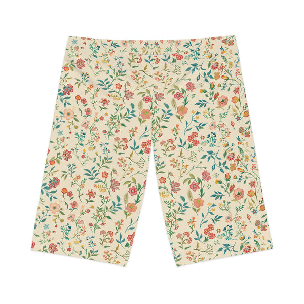 Flat lay of Petal Flower Bike Shorts with Blossom Cream Color Design, highlighting the floral print and soft cream base.