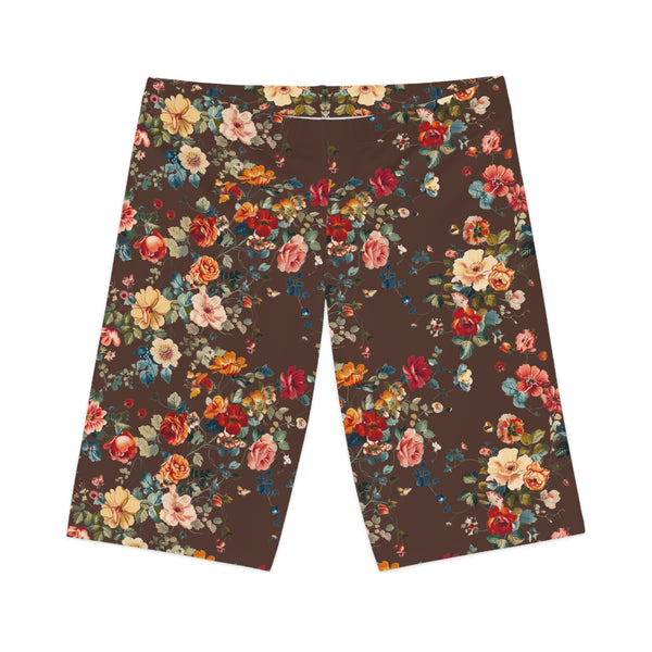 Lay flat display of Chocolate Petal Flower Bike Shorts highlighting rich tone and floral design.