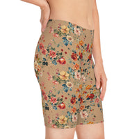 Side pose of a model in Caramel floral pattern design shorts, focusing on seamless design and natural stretch.