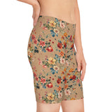 Side pose of a model in Caramel floral pattern design shorts, focusing on seamless design and natural stretch.