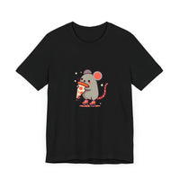 Front View of Pizza Rat on Skate Design T-Shirt on color Black.