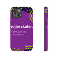 iPhone 15 Plus Purple Tough Protective Phone Case with Roller Skater definition design style.