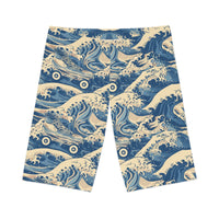 Lay Flat of Great Wave of Roller Skate Design bike shorts, featuring a bold wave and skate motif on a white base.
