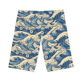 Lay Flat of Great Wave of Roller Skate Design bike shorts, featuring a bold wave and skate motif on a white base.