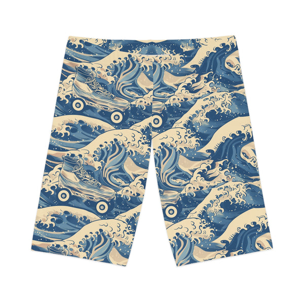 Lay Flat of Great Wave of Roller Skate Design bike shorts, featuring a bold wave and skate motif on a white base.