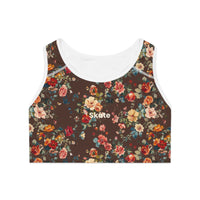 Front view of Chocolate Petal Flower Sports Bra, highlighting the rich tone and petal-texture detail.