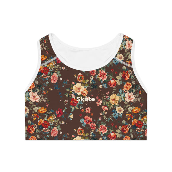 Front view of Chocolate Petal Flower Sports Bra, highlighting the rich tone and petal-texture detail.