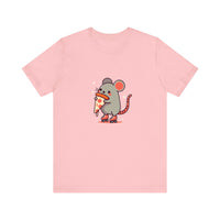 Front View of Pizza Rat on Skate Design T-Shirt on color Pink