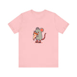 Front View of Pizza Rat on Skate Design T-Shirt on color Pink