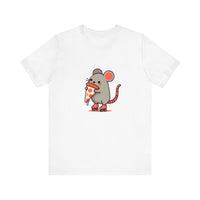 Front View of Pizza Rat on Skate Design T-Shirt on color White.