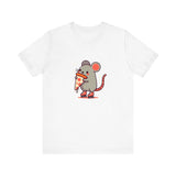 Front View of Pizza Rat on Skate Design T-Shirt on color White.