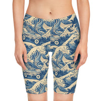 Front view of a model wearing the Great Wave of Roller Skate Design bike shorts, featuring a bold blue wave and skate motif.