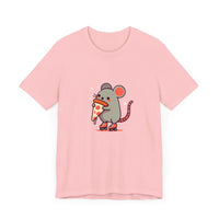 Front View of Pizza Rat on Skate Design T-Shirt on color Pink