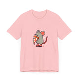 Front View of Pizza Rat on Skate Design T-Shirt on color Pink