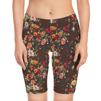 Front view of the Chocolate Petal Flower Bike Shorts worn by a model, highlighting rich tone and body-sculpting design.