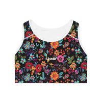 Classic front view of the Petal Flower Sports Bra in Noir.