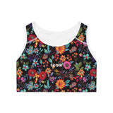 Classic front view of the Petal Flower Sports Bra in Noir.