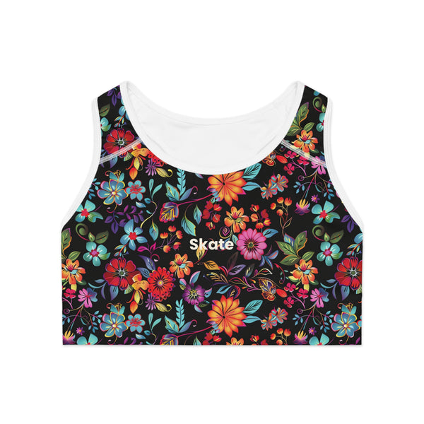 Classic front view of the Petal Flower Sports Bra in Noir.