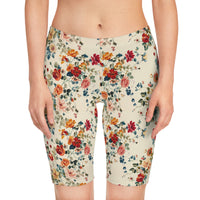 Front view of a model wearing the Petal Flower Bike Shorts with Cream Color Design, featuring a soft neutral tone and smooth silhouette.