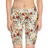 Front view of a model wearing the Petal Flower Bike Shorts with Cream Color Design, featuring a soft neutral tone and smooth silhouette.