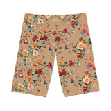 Front view of Petal Flower Bike Shorts in Caramel, showcasing soft earthy tone.