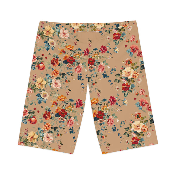 Front view of Petal Flower Bike Shorts in Caramel, showcasing soft earthy tone.