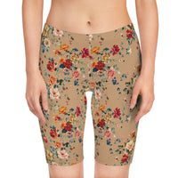 Front view of a model in the Petal Flower Bike Shorts in Caramel, showcasing soft earthy tone and sleek fit.