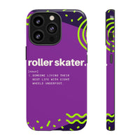 iPhone 15 Pro Purple Tough Protective Phone Case with Roller Skater definition design style.