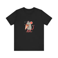 Front View of Pizza Rat on Skate Design T-Shirt on color Black.