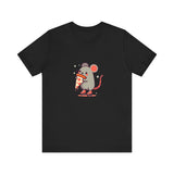 Front View of Pizza Rat on Skate Design T-Shirt on color Black.