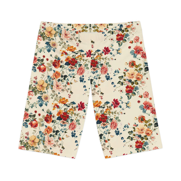 Lay Flat of Petal Flower Bike Shorts with Cream Color Design, featuring a soft neutral tone.