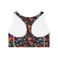 Classic back view of the Petal Flower Sports Bra in Noir