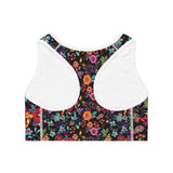 Classic back view of the Petal Flower Sports Bra in Noir