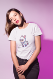 Girl wearing adorable cartoon Llama with Roller Skates Design T-Shirt.