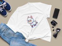 Lay Flat T-Shirt with Adorable Cartoon Llama on Roller Skates Graphic Design