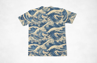 Laid flat  Unisex T-Shirt Great Wave Off Kanagawa Design with Roller Skates abstract style on solid background