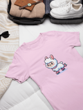 Lay Flat adorable cartoon Llama with Roller Skates Design color Pink T-Shirt.